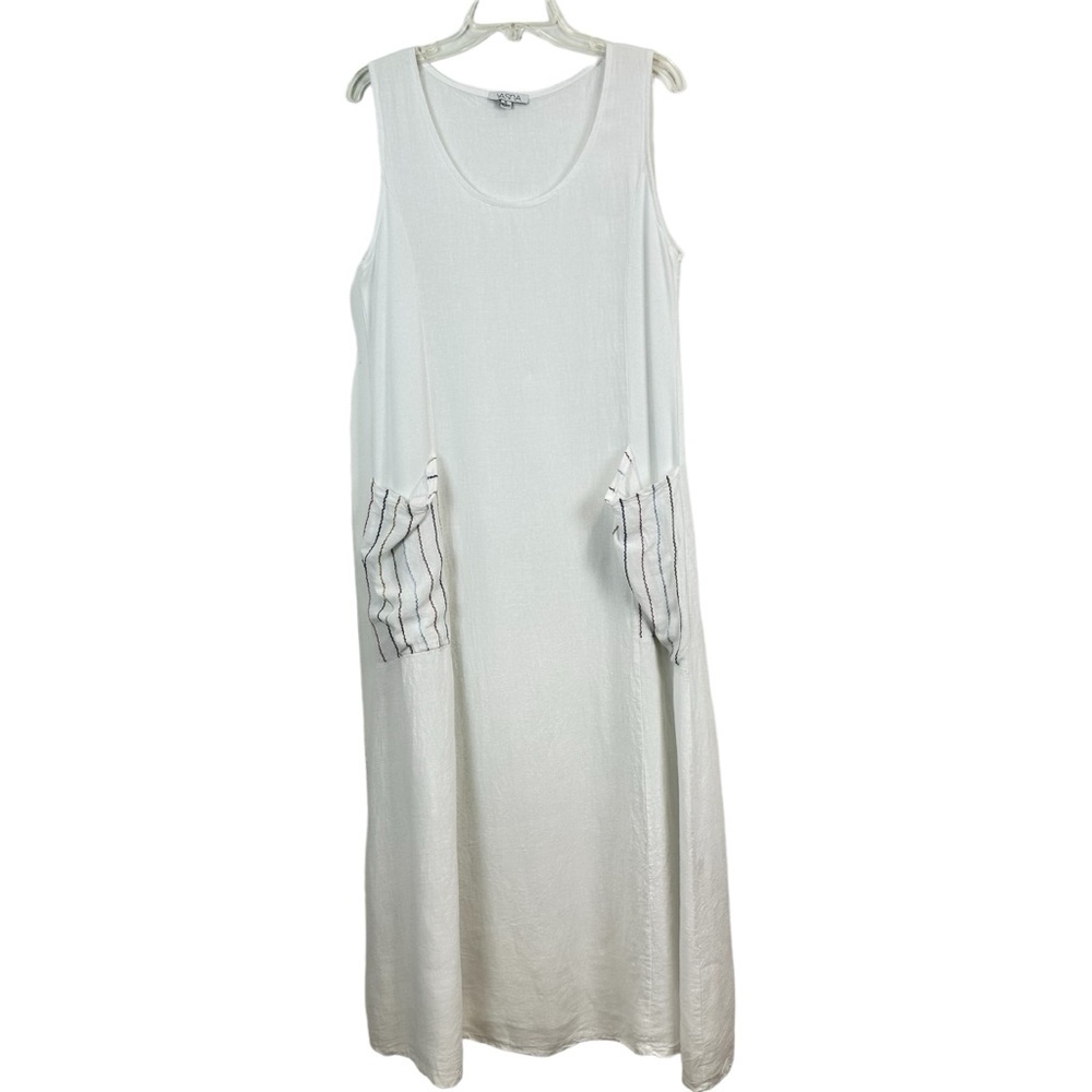 Vasna White Linen Maxi Dress Patch Pockets Sleeveless Women’s XL Made in Italy